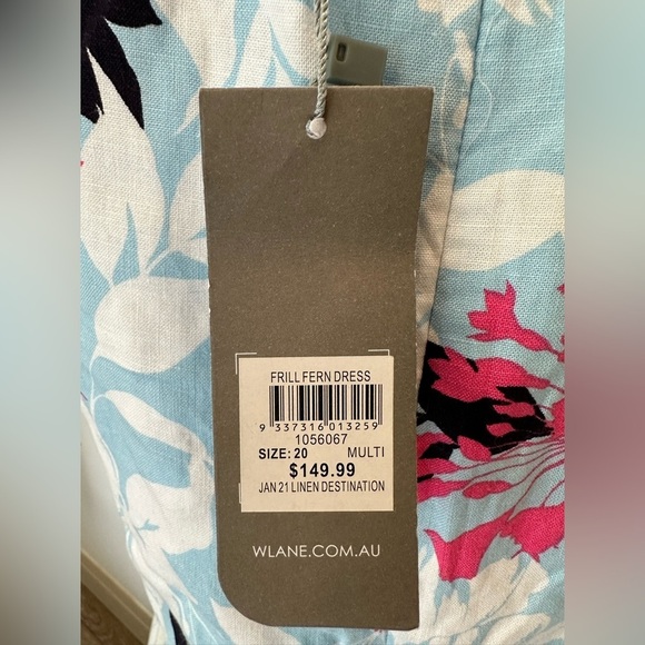 W Lane Frill Fern Dress Blue Pink Floral MIDI Faux Wrap Tie Waist SZ 20 NWT - Picture 7 of 12